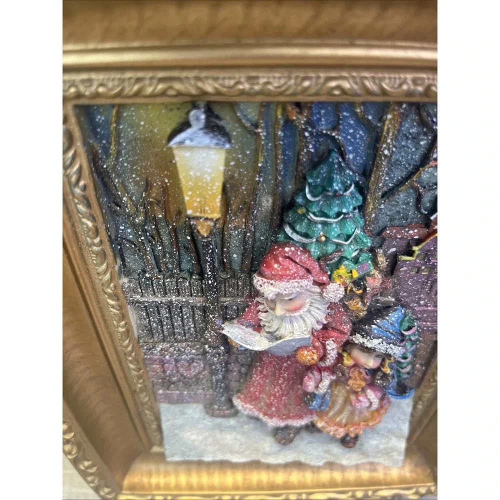 Santa Little Girl In The Snow Christmas Tree Gold Framed Vintage 3D Picture